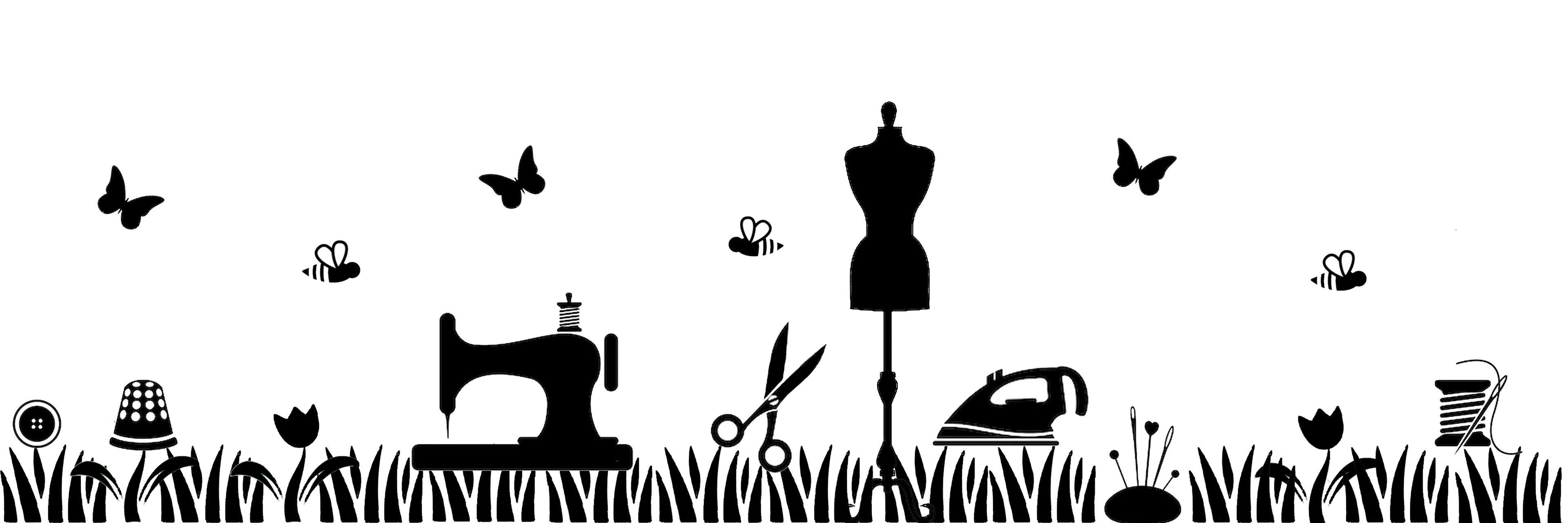 Ein Banner in schwarz weiß, gezeichneter Stil. Gras mit Tulpen, dazwischen ein Fingerhut, eine Nähmaschine, eine Schere, eine Schneiderpuppe, ein Bügeleisen, ein Nadelkissen, eine Garnrolle mit Nadel, darüber fliegen Schmetterlingenund Bienen.