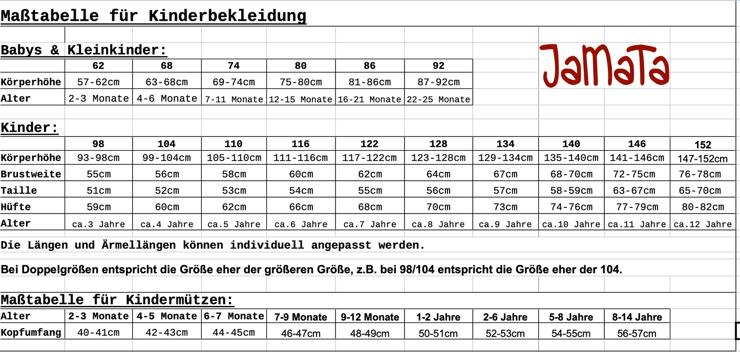 Maßtabelle mit den Kindergrößen