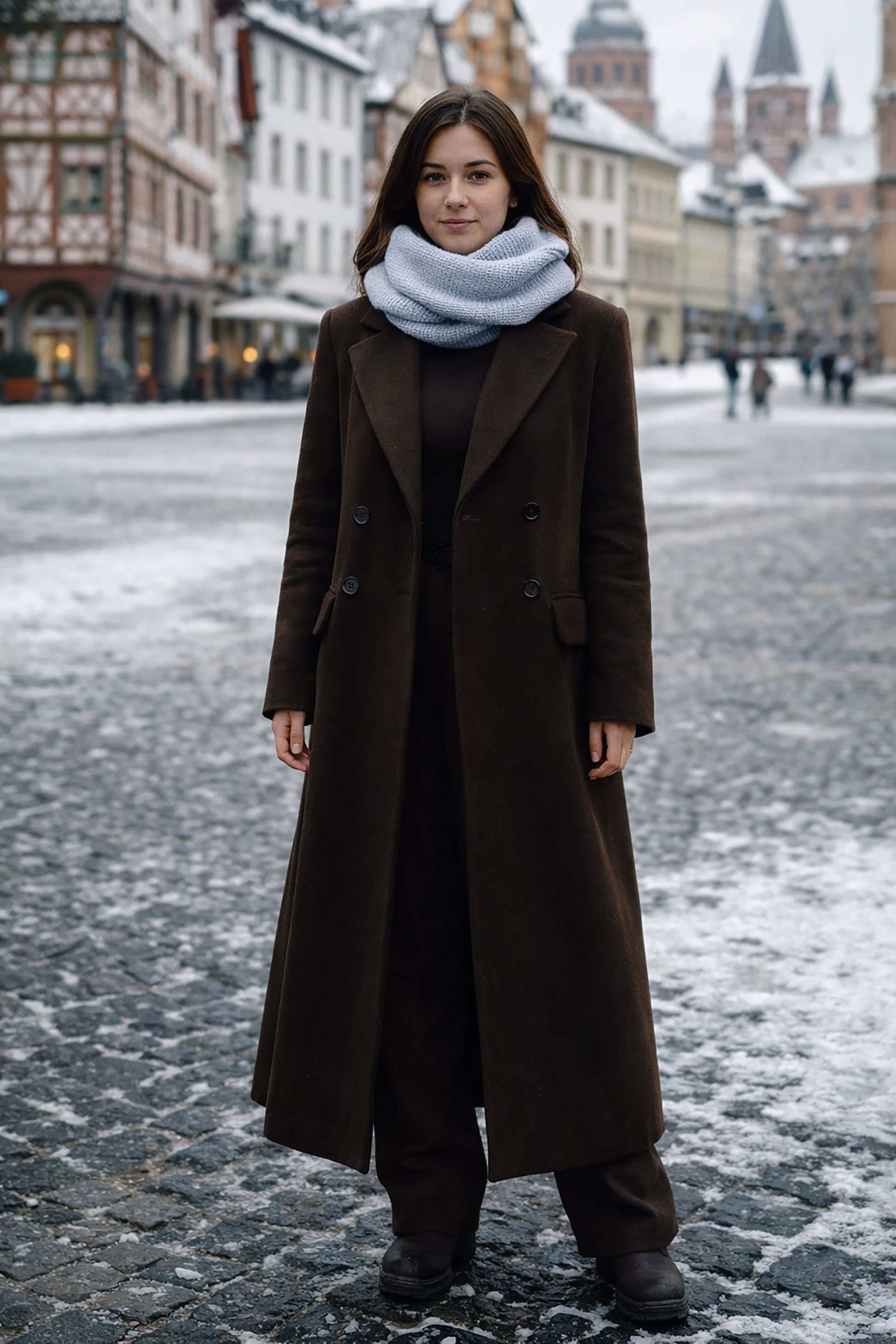 Eine junge Frau mit langen, braunen Haaren, die einen brauenen Blazermantel trägt, hat den hellblauen Loopschal aus Grobstrick an. Sie steht in einer verschenieten Altstadt. Das Bild ist mit Ki erstellt. 