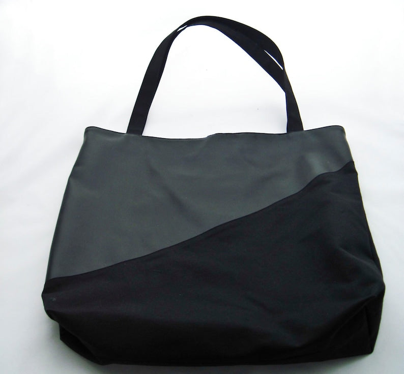 XL-Shopper-Schultertasche aus Kunstleder und Canvas "Schwarz"