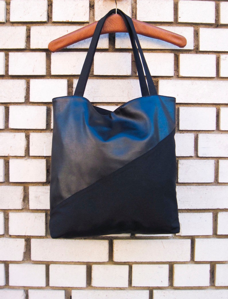 XL-Shopper-Schultertasche aus Kunstleder und Canvas "Schwarz"